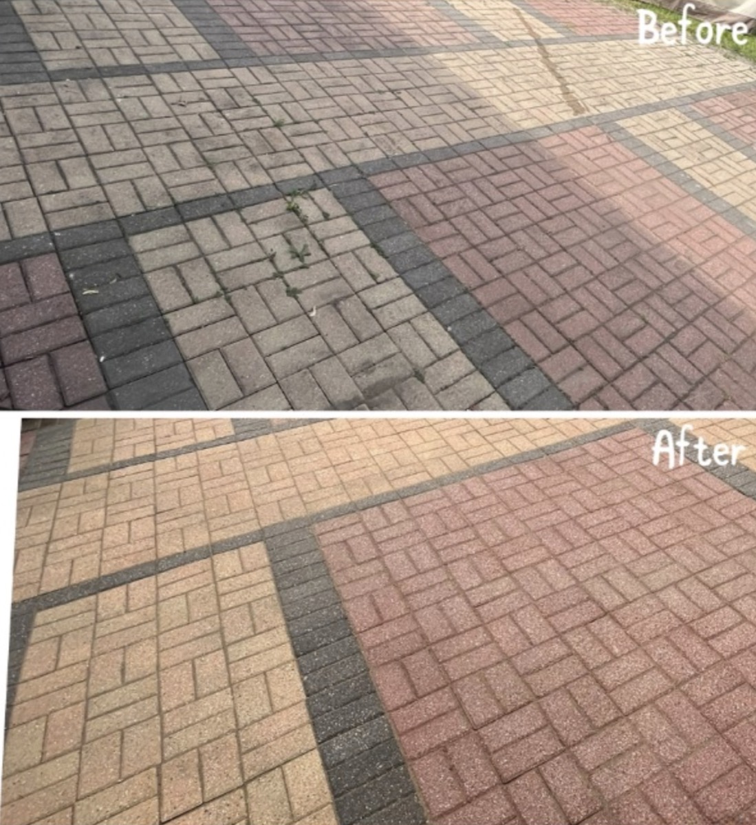 Garden walkway herringbone pavers before and after