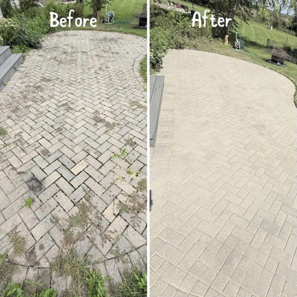 Herringbone paver patio before and after cleaning