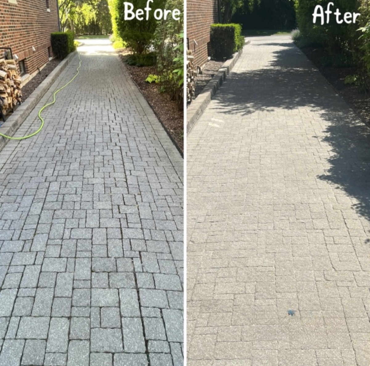 Decorative multi-color pavers before and after cleaning