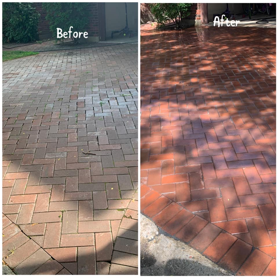 Paver cleaning and sanding in progress